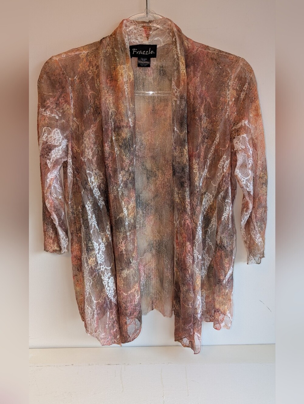 Fraaske Sheer Lace-Accent Open Front Cardigan - Brown Multi